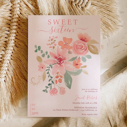 Boho Fall florale Aquarellfarben Chic Sweet 16 Einladung