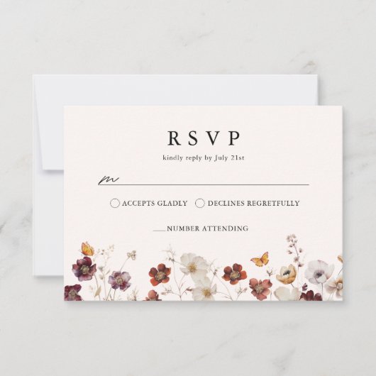 Boho Fall Florals Butterfly Wedding RSVP Karte (Vorderseite)