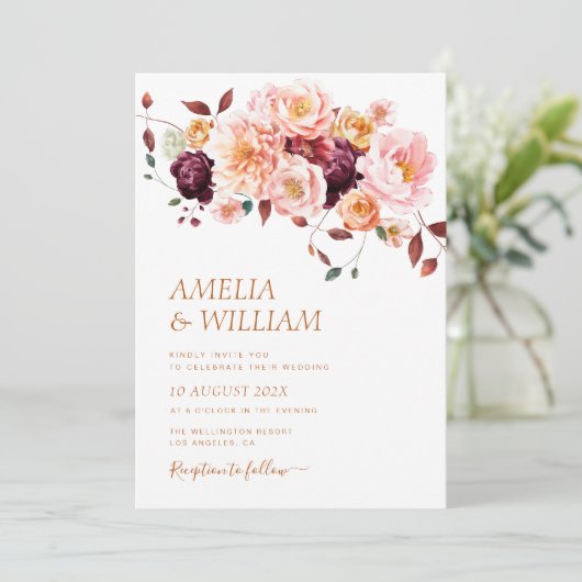 Boho Fall florals Hochzeit Einladung (Stehend Vorderseite)