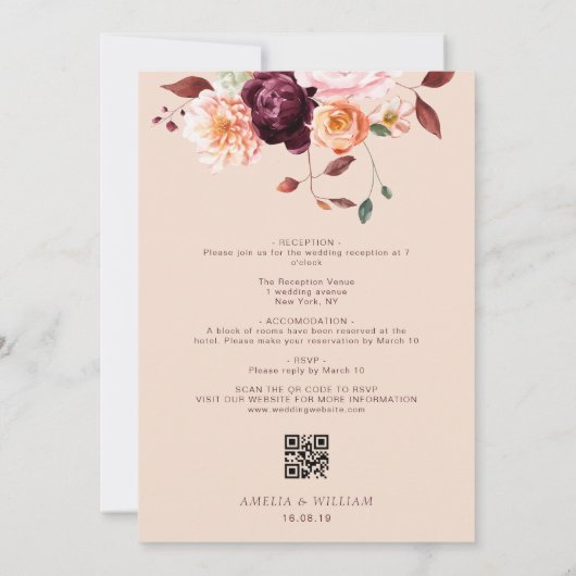 Boho Fall florals Hochzeit Einladung (Rückseite)