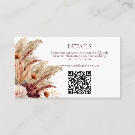 Boho Fall Florals Pampas Grass Wedding Details QR Begleitkarte (Vorderseite)