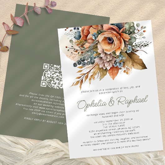 Boho Fall Florals Sage Bohemisch Wedding Einladung