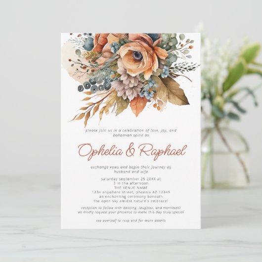 Boho Fall Florals Terracotta Bohemisch Wedding Einladung (Stehend Vorderseite)
