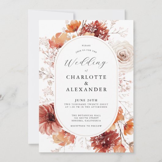 Boho Fall Foliage Hochzeit Terrakotta Rost Blume Einladung (Vorderseite)