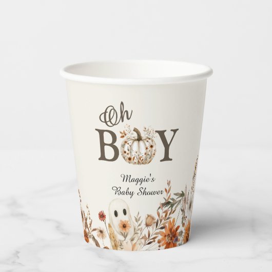 Boho Fall Ghost Floral Oh Boy Baby Shower  Pappbecher (Rückseite)