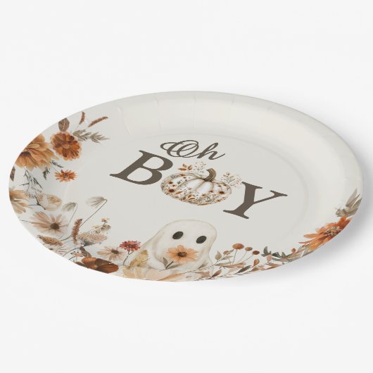 Boho Fall Ghost Floral Oh Boy Baby Shower  Pappteller (Schrägansicht)