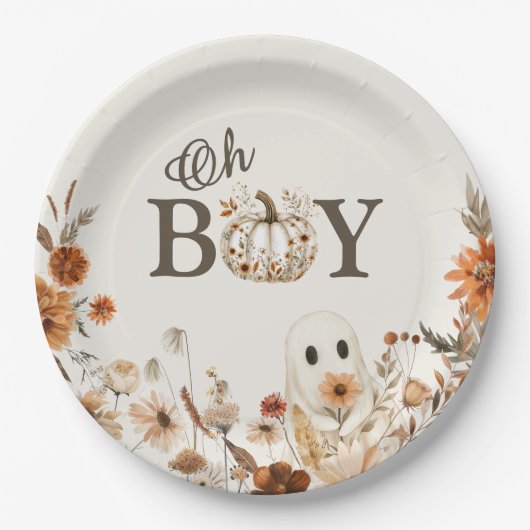 Boho Fall Ghost Floral Oh Boy Baby Shower Pappteller (Vorderseite)