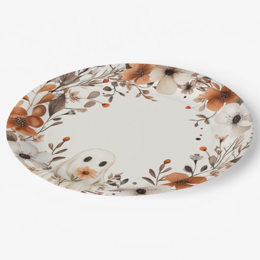 Boho Fall Ghost Floral Oh Boy Baby Shower Pappteller (Schrägansicht)