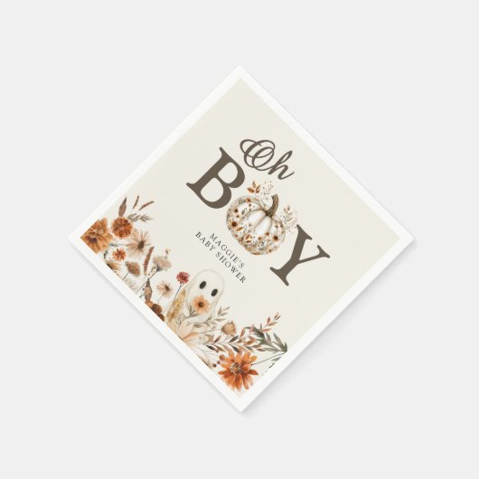 Boho Fall Ghost Floral Oh Boy Baby Shower Serviette (Ecke)