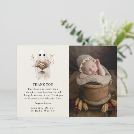 Boho Fall Ghost Wildflower Baby Shower Dankeskarte (Stehend Vorderseite)