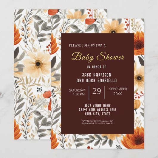 Boho Fall Herbst Blumenbraun Babydusche Einladung (Vorne/Hinten)