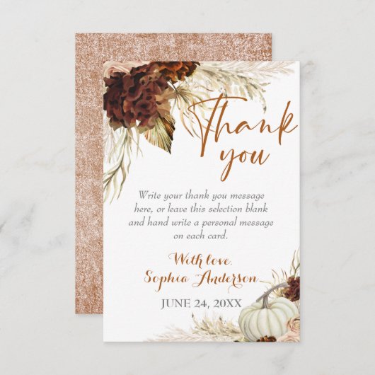 Boho Fall in Liebe Flora Burnt Orange Brautparty Dankeskarte (Vorne/Hinten)