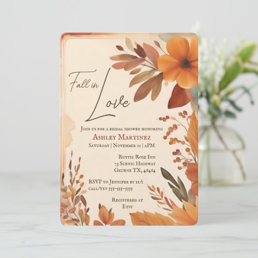 Boho Fall in Liebe Herbst Orange Brautparty Einladung (Stehend Vorderseite)