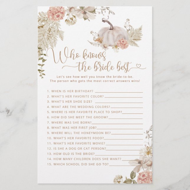 Boho Fall Kürbis Wer die Braut besten Spiel kennt (Vorderseite)