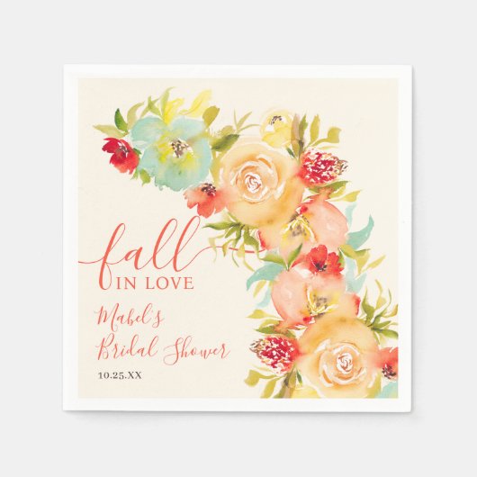Boho Fall Liebe Blumenwasser-Farbe Brautparty Serviette (Vorderseite)