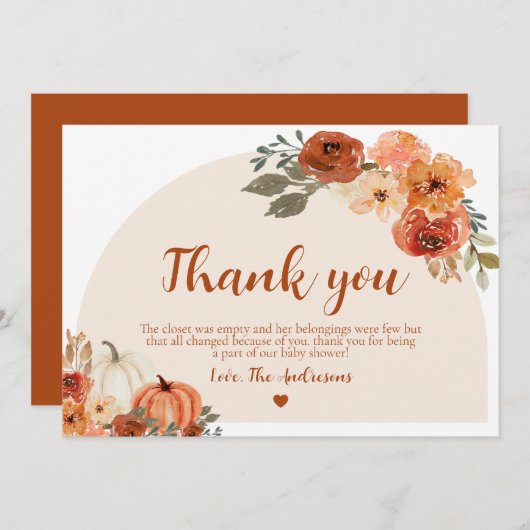 Boho Fall Little Pumpkin Herbstdusche Dankeskarte (Vorne/Hinten)