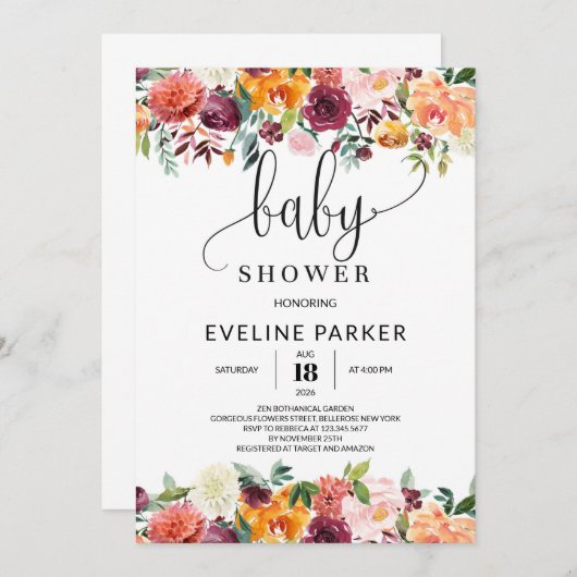 Boho Fall orange Marigment Babydusche Einladung (Vorne/Hinten)