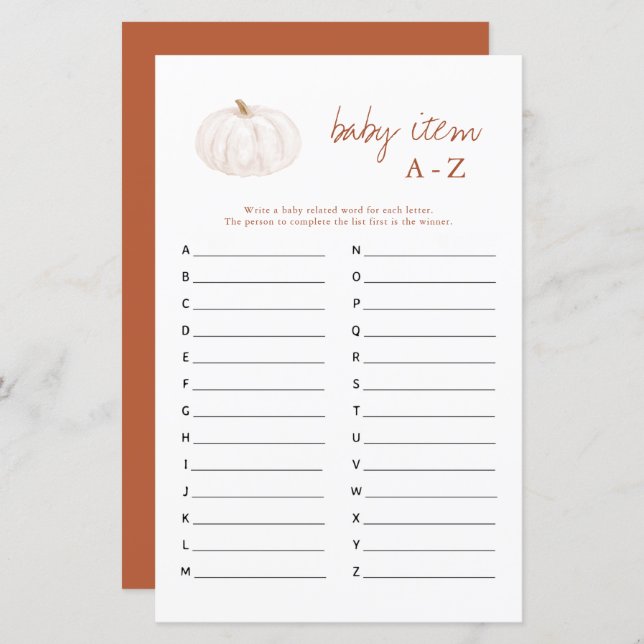 Boho Fall Pumpkin Baby Item A-Z Baby Showspiel (Vorne/Hinten)