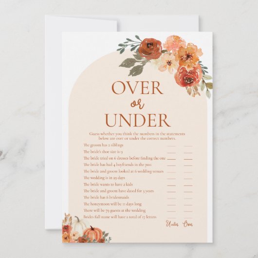 Boho Fall Pumpkin Over oder Under Brautparty Game Einladung (Vorderseite)