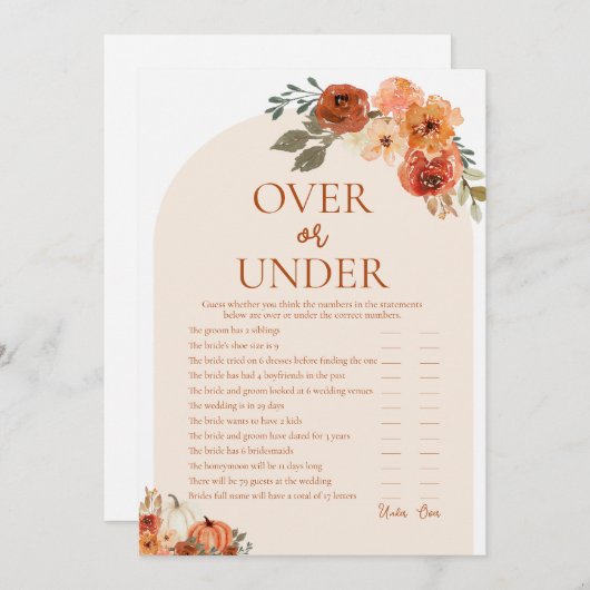 Boho Fall Pumpkin Over oder Under Brautparty Game Einladung (Vorne/Hinten)