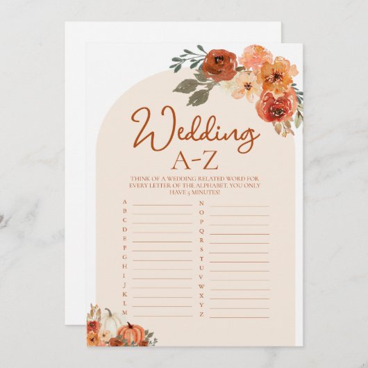 Boho Fall Pumpkin Wedding A-Z Brautparty Game Einladung (Vorne/Hinten)