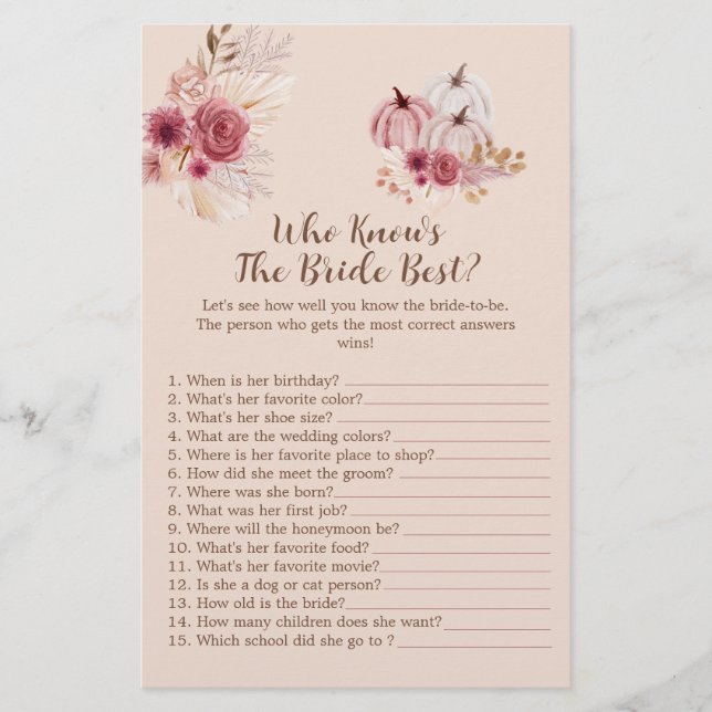 Boho Fall Pumpkin Who Knows The Bride Best Game (Vorderseite)