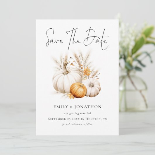 Boho Fall Pumpkins Pampas QR Code Wedding Save The Date (Stehend Vorderseite)