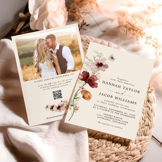 Boho Fall QR Code Foto Wildblume Hochzeit Einladung