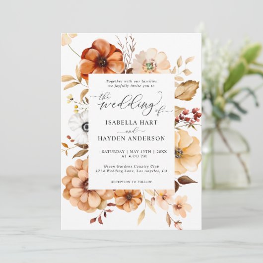 Boho Fall Rust Beige Floral Pumpkin Wedding Einladung (Stehend Vorderseite)