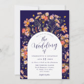 Boho Fall Rustic Floral Arch Navy Blue Wedding Einladung (Vorderseite)