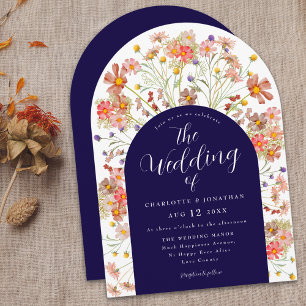 Boho Fall Rustic Floral Arch Navy Blue Wedding Einladung