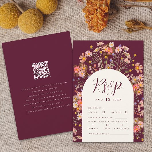 Boho Fall Rustic Wildblume Floral QR Code Wedding RSVP Karte