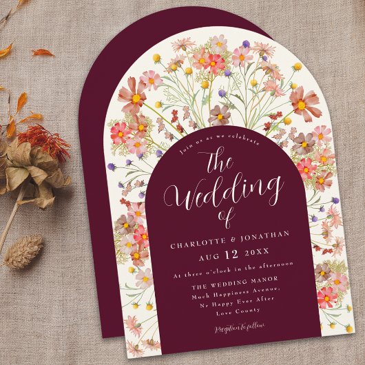 Boho Fall Rustikale Blumenarche Burgund Hochzeit Einladung