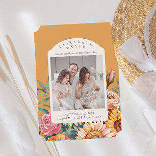Boho Fall Sunflower Arch Foto Geburtsankündigung Einladung