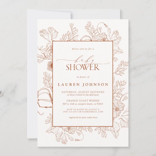 Boho Fall Terracotta Floral Line Art Babydusche Einladung (Vorderseite)