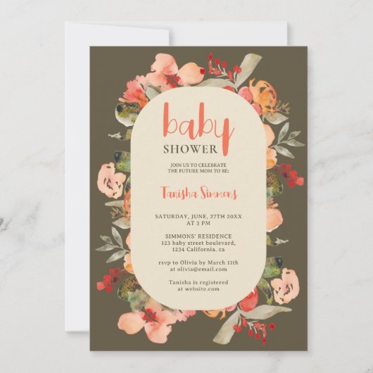 Boho Fall terracotta florale Skriptgeburtszene Bab Einladung (Vorderseite)