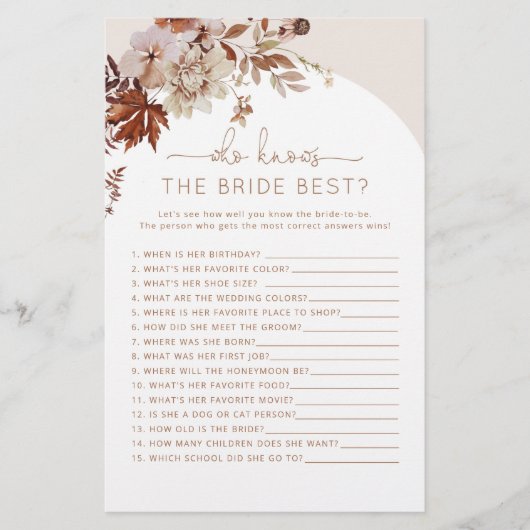 Boho Fall Wer kennt das beste Spiel der Braut (Vorderseite)