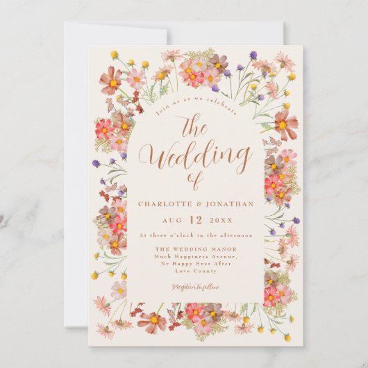 Boho Fall Wildblume Arch Burnt Orange Wedding Einladung (Vorderseite)