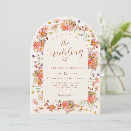 Boho Fall Wildblume Arch Burnt Orange Wedding Einladung (Stehend Vorderseite)