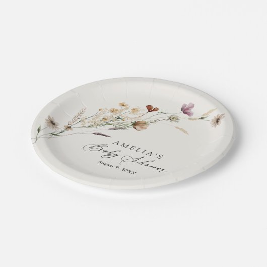 Boho Fall Wildblume Babydusche Pappteller (Schrägansicht)