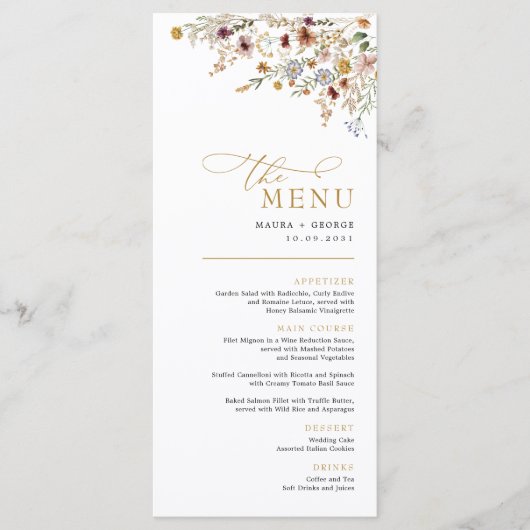 Boho Fall Wildblume Backyard Wedding Menu Card Menükarte (Vorderseite)