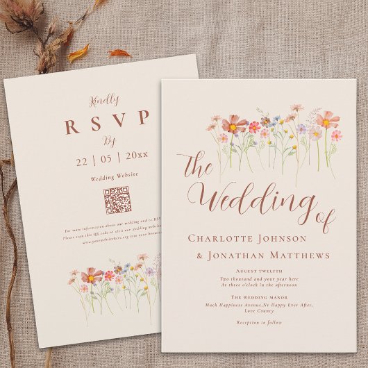 Boho Fall Wildblume Beige Terracotta QR Code Einladung