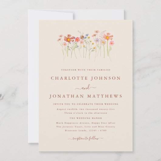 Boho Fall Wildblume Beige Terracotta Wedding Einladung (Vorderseite)