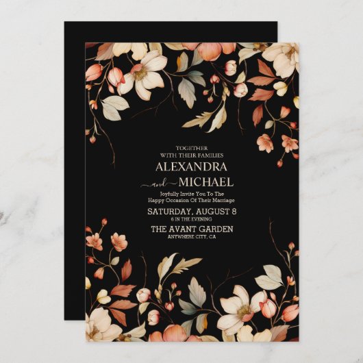 Boho Fall Wildblume Black Wedding Einladung (Vorne/Hinten)