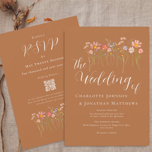 Boho Fall Wildblume Brown Orange QR Code Hochzeit Einladung