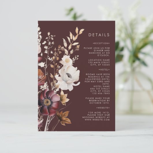 Boho Fall Wildblume Brown Wedding Begleitkarte (Stehend Vorderseite)
