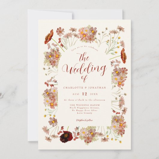 Boho Fall Wildblume Burnt Orange Wedding Einladung (Vorderseite)