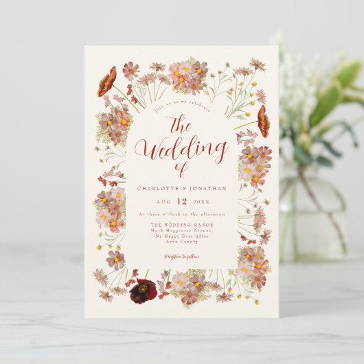 Boho Fall Wildblume Burnt Orange Wedding Einladung (Stehend Vorderseite)