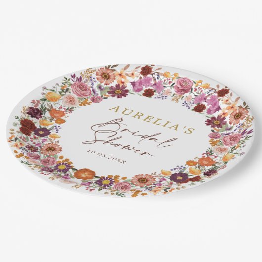 Boho Fall Wildblume Garden Wreath Brautparty Pappteller (Schrägansicht)