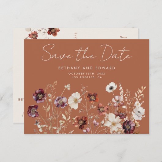 Boho Fall Wildblume Hochzeit speichern das Datum Postkarte (Vorne/Hinten)